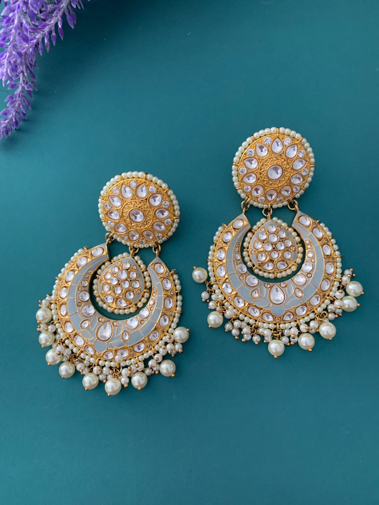 Uncut Kundan designer chandbali earring pastel grey