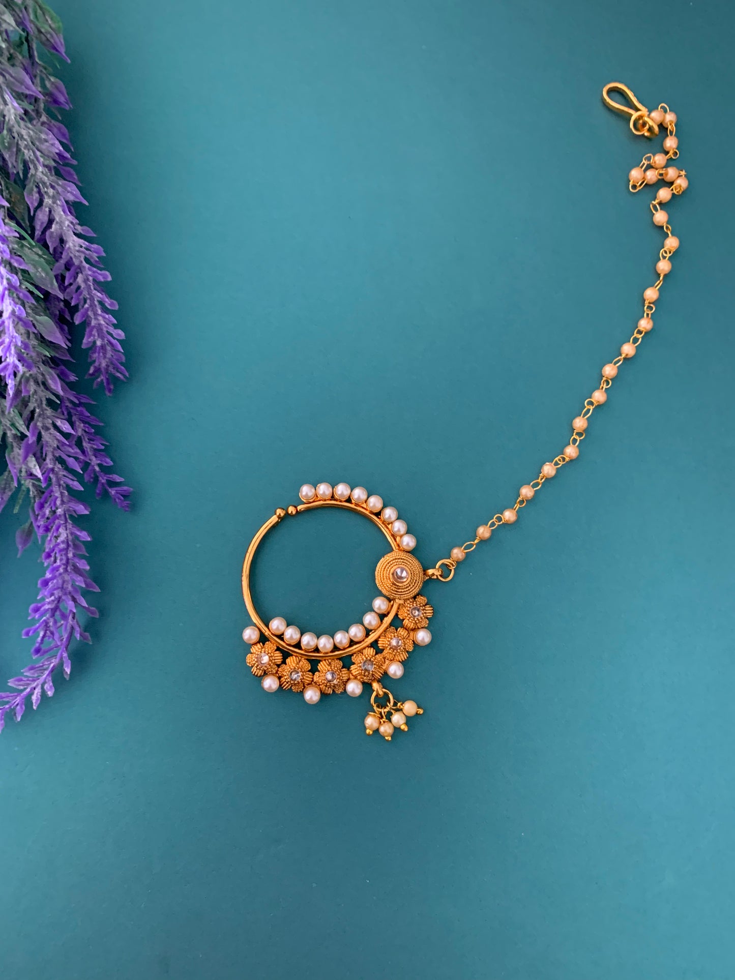 Matte gold Nath/Nose ring with chain