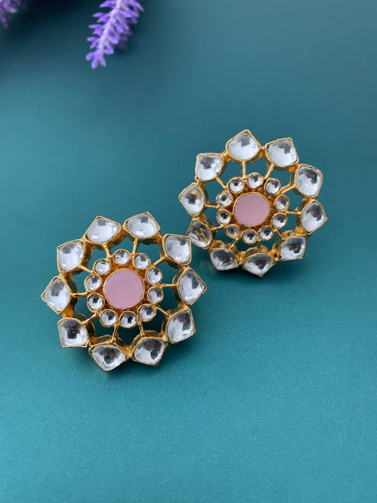 Pachi kundan studs gold and pink center