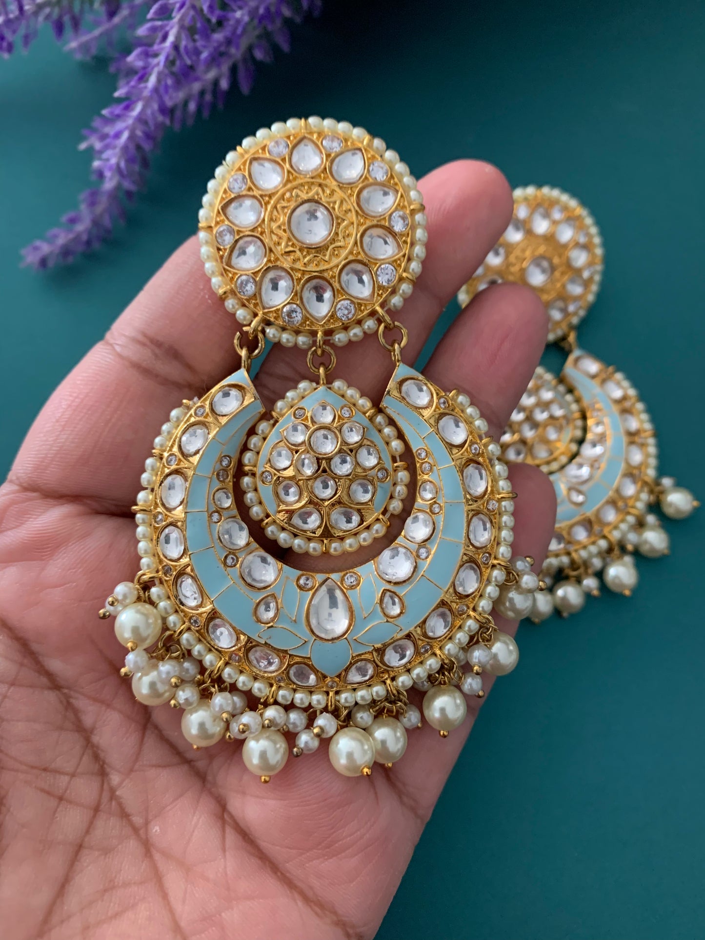 Uncut Kundan designer chandbali earring light blue