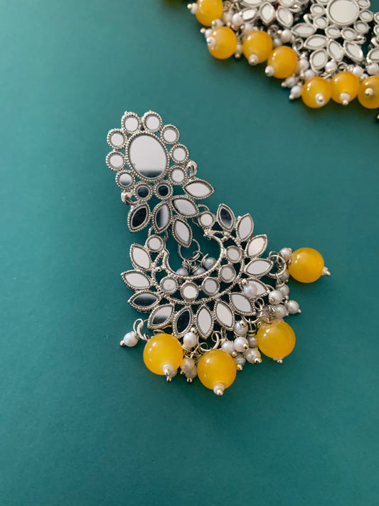 Sunaina silver mirror choker / necklace in pastel yellow