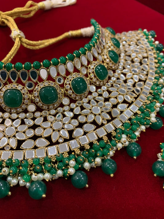 Mirror kundan semi bridal set in emerald gold