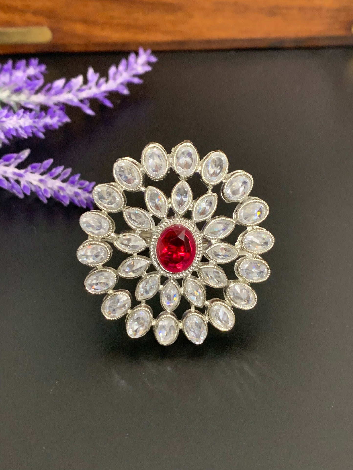 May silver polki ring with rubycenter