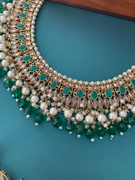 Khusboo polki necklace in teal & emerald green