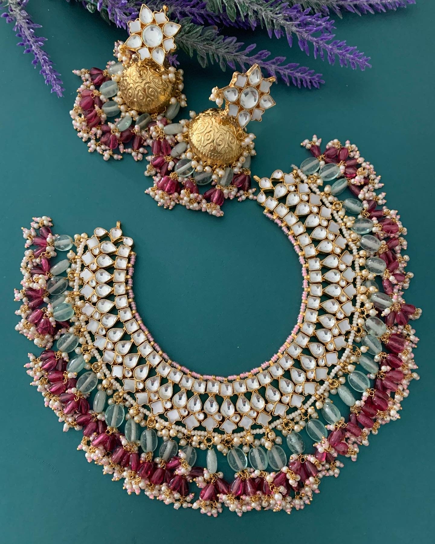 Pachi kundan with mop necklace with jhumki