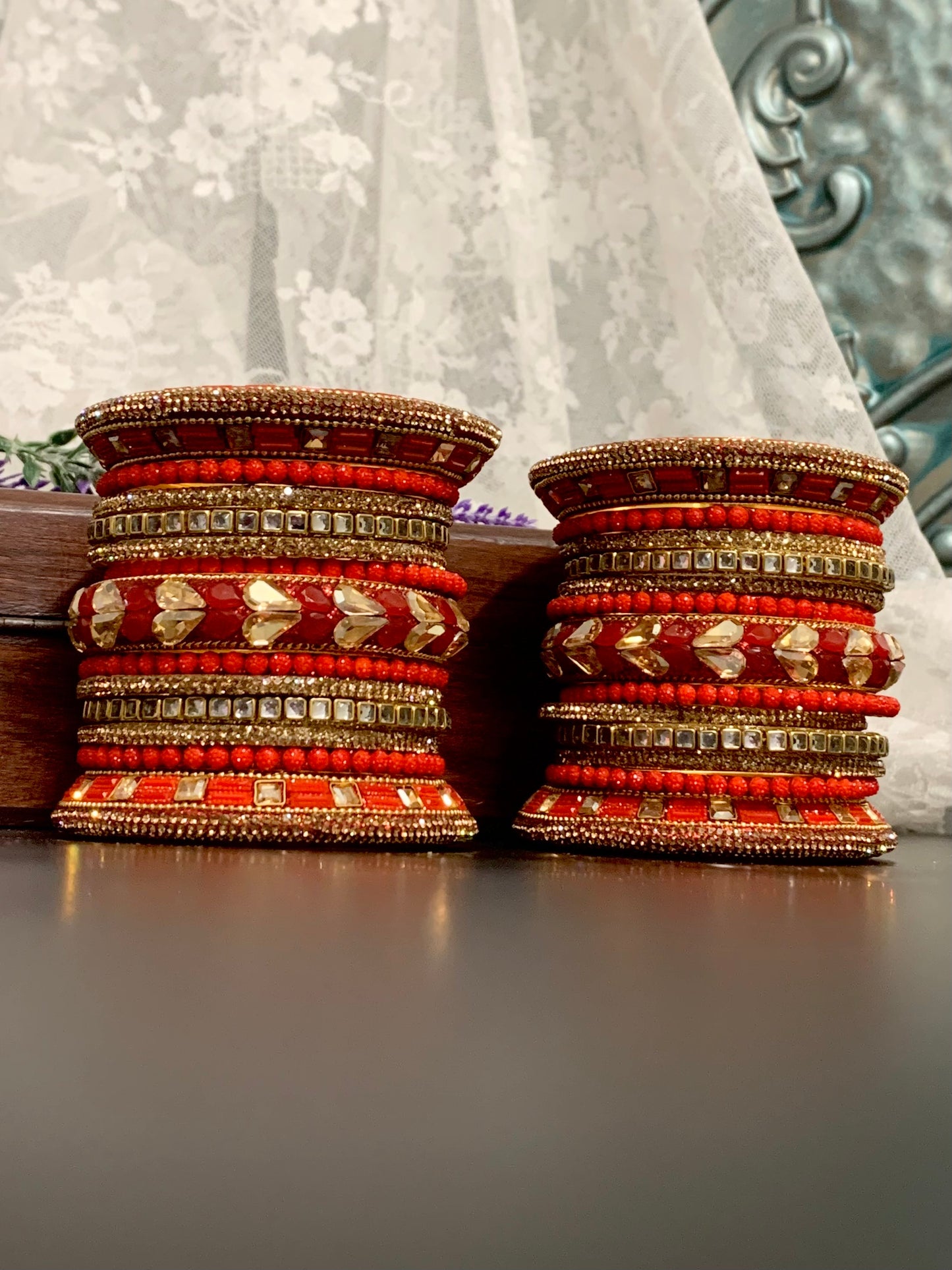 Tomato red Kundan bangle set “Shanaya”
