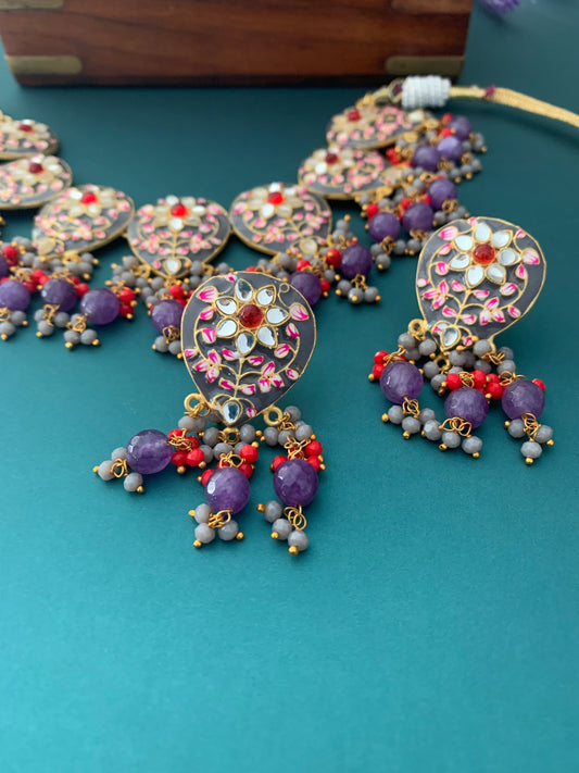 Hand painted meena choker with kundan work