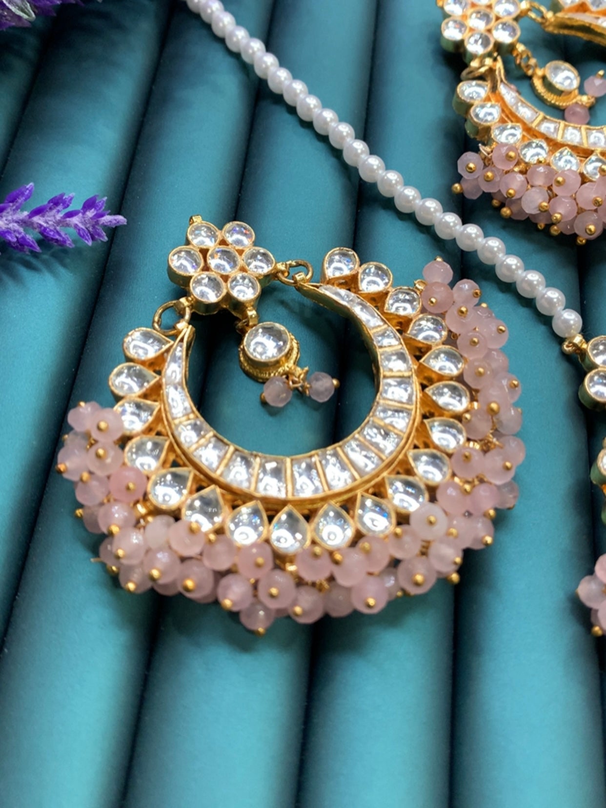 Pachi kundan chandbali tikka set Deepali in pale pink