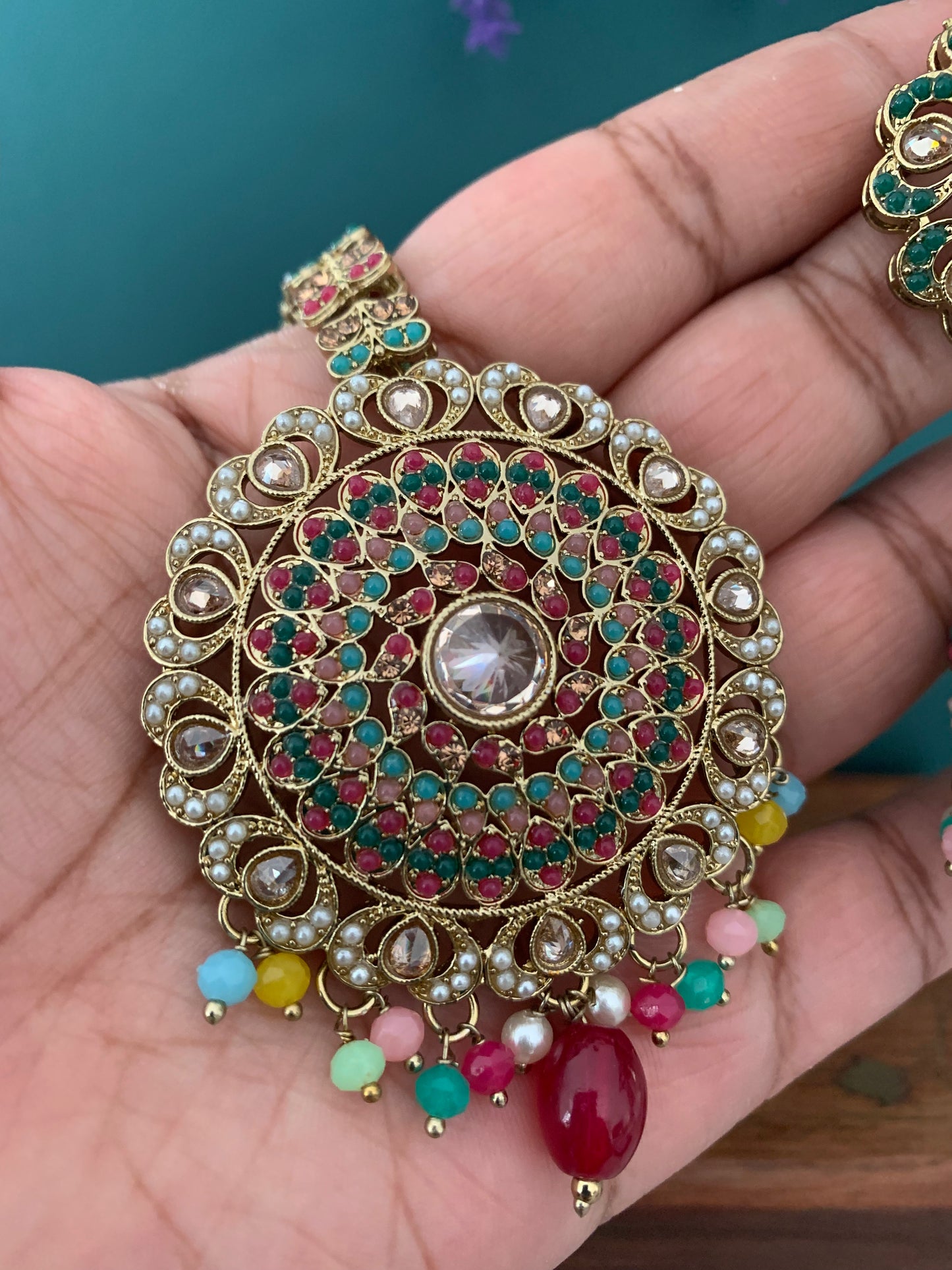 Priya jhumki earring and tikka multi