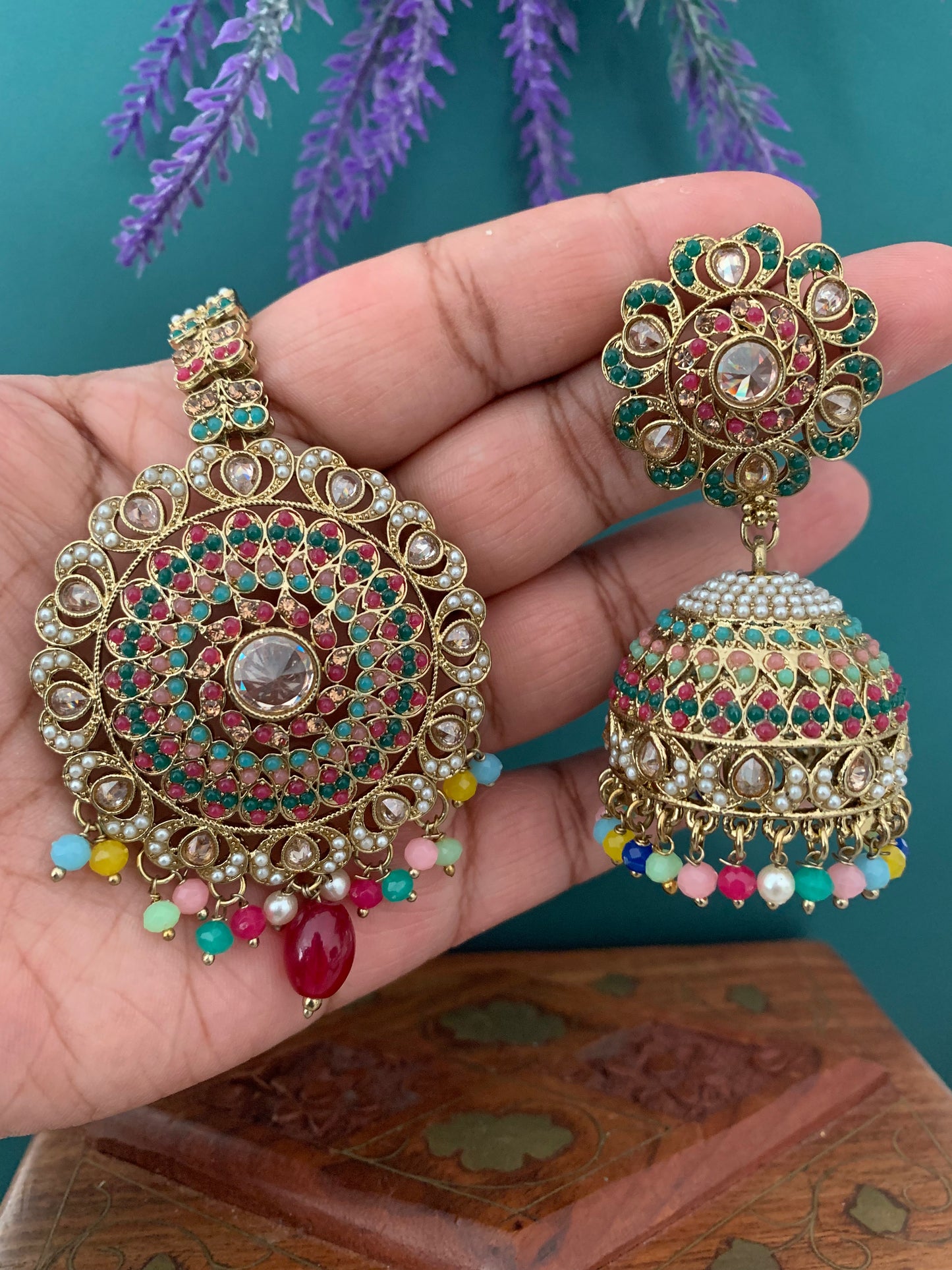 Priya jhumki earring and tikka multi