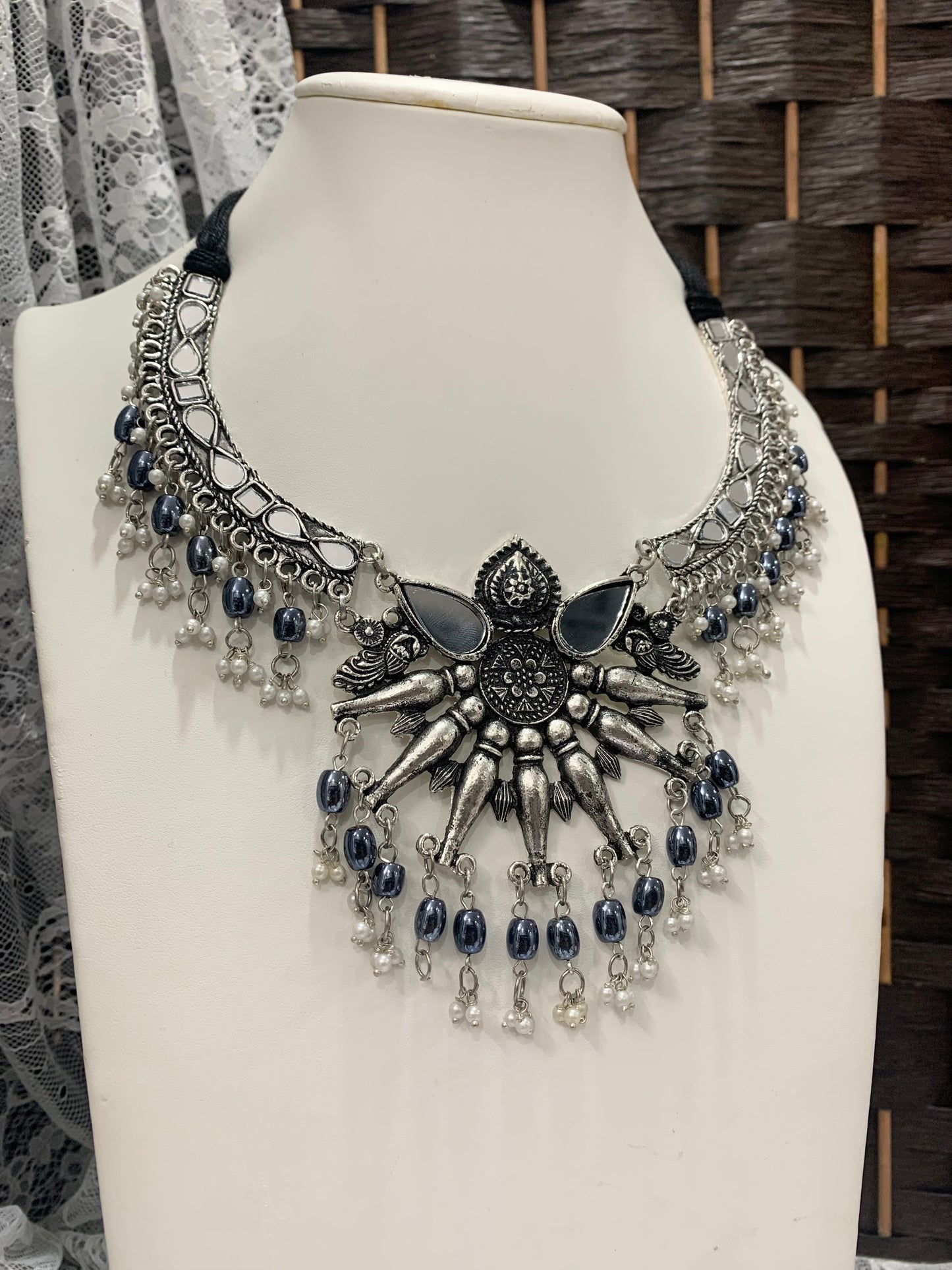 Oxidized/BlackMetal/German Silver necklace / hasli mirror