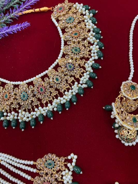 Zircone bridal set in multi details and emerald green drop