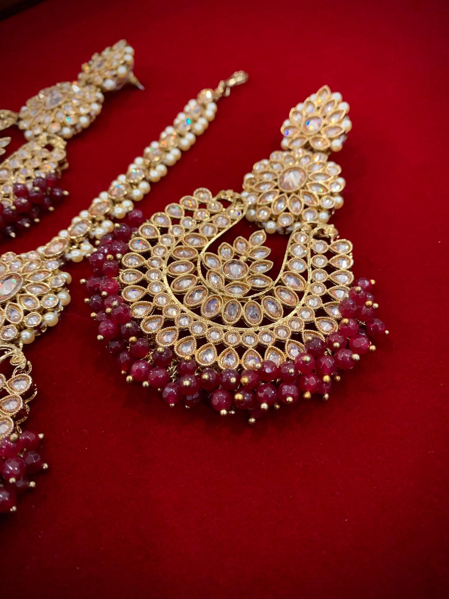 Polki chandbali style earring Tikka maroon burgundy Lola