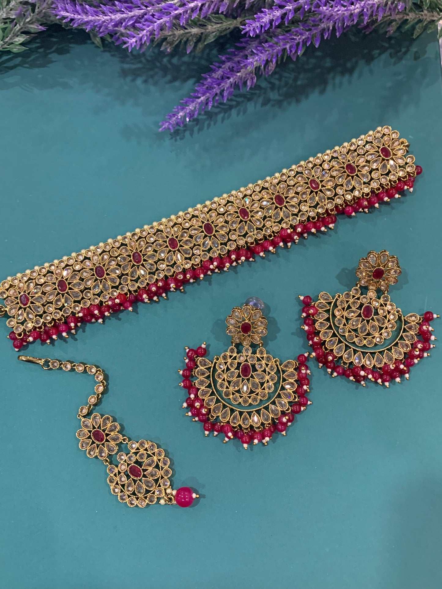 Reverse polki choker Kalki in Ruby red