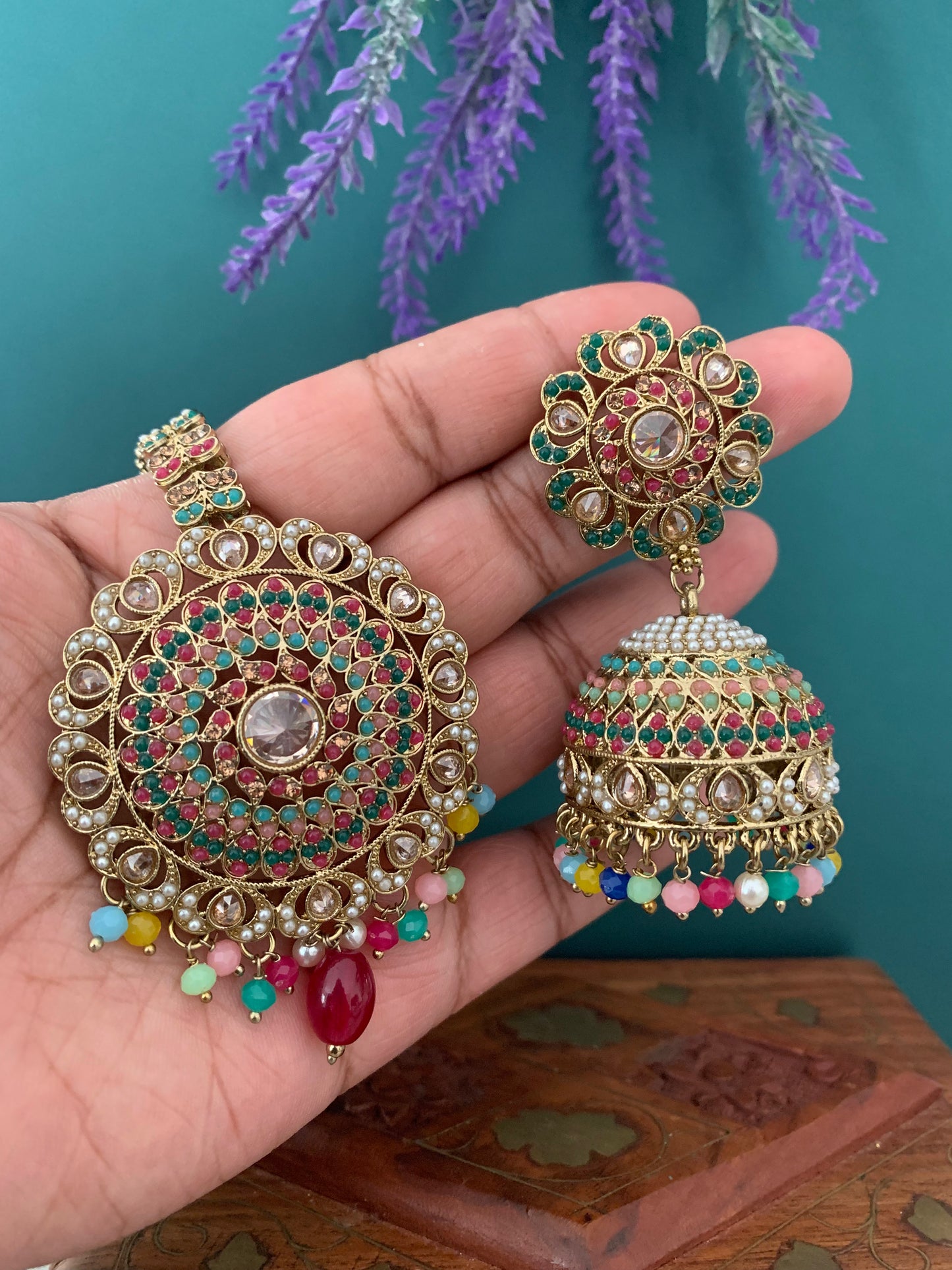 Priya jhumki earring and tikka multi