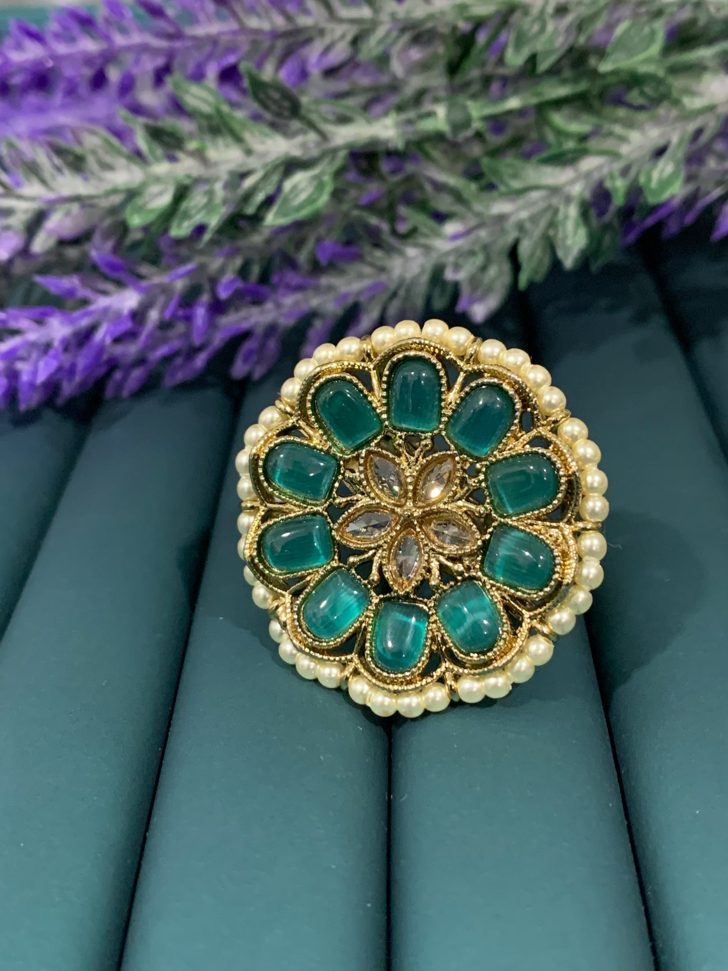 Polki ring in teal green