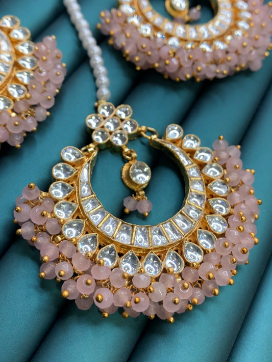 Pachi kundan chandbali tikka set Deepali in pale pink
