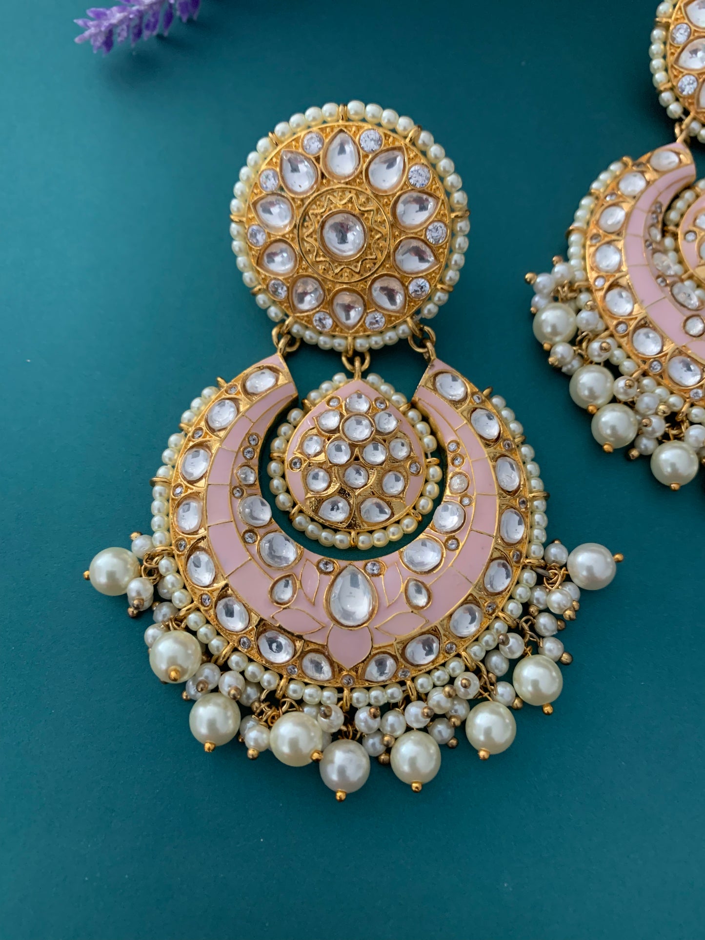 Uncut Kundan designer chandbali earring in light pink