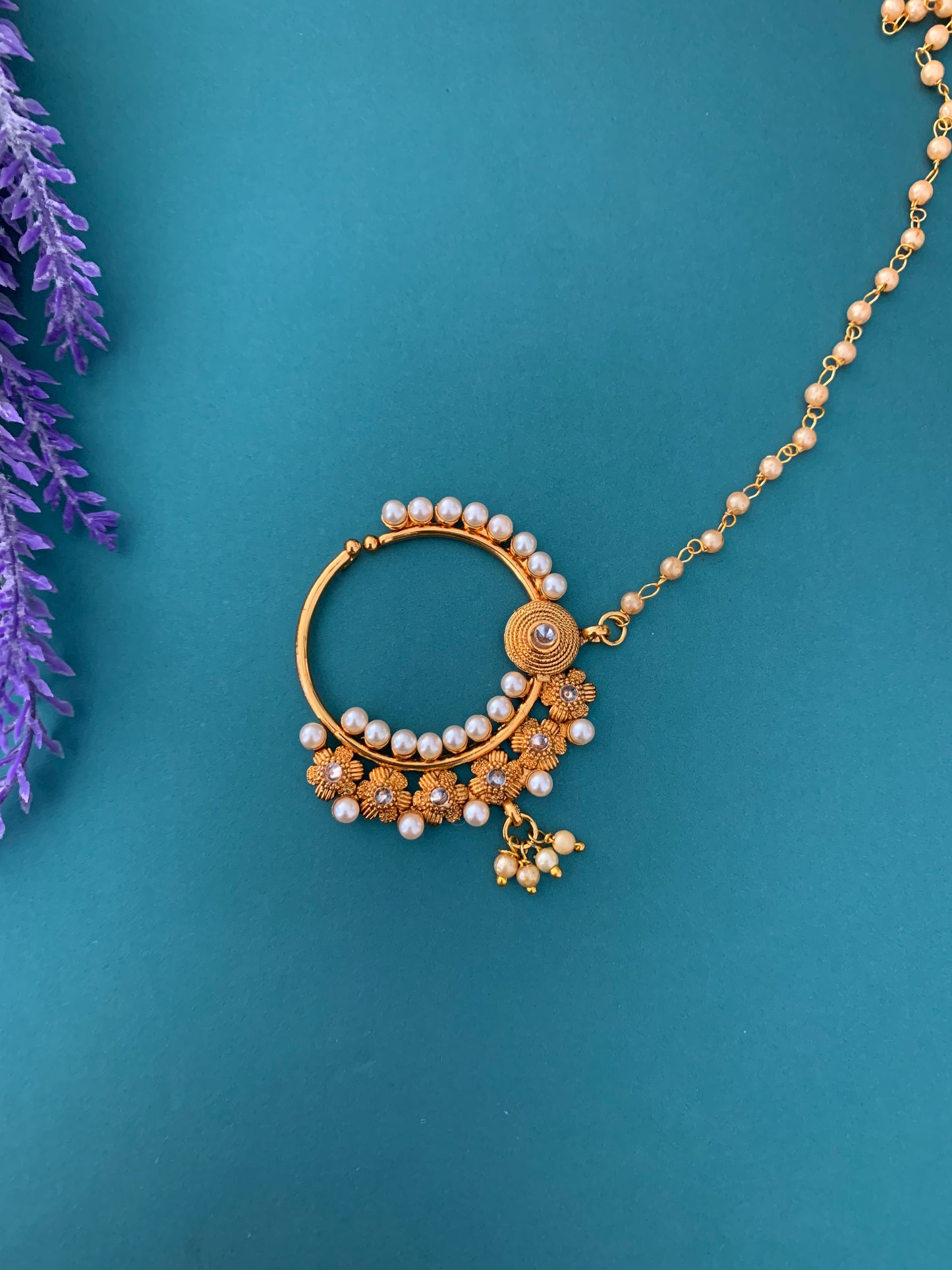 Matte gold Nath/Nose ring with chain