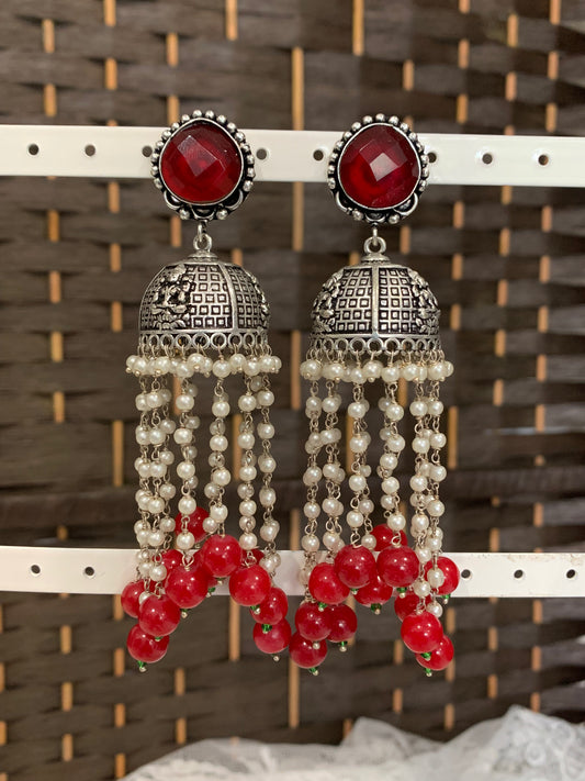 German silver / oxi jhumki with long hanging monalisa bead