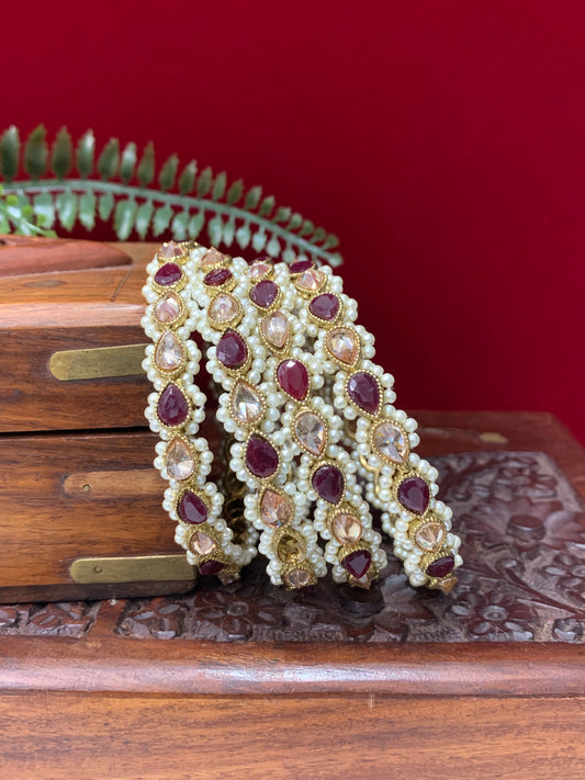 Polki dual shade bangle set in maroon and antique
