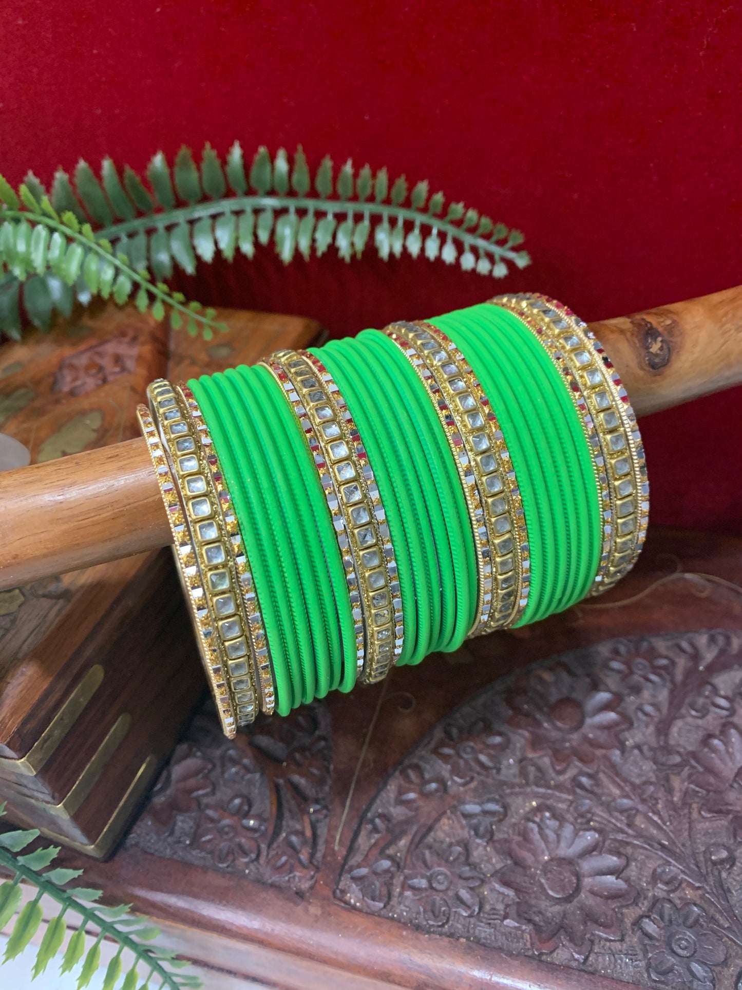 Parrot green churi and kundan bangle