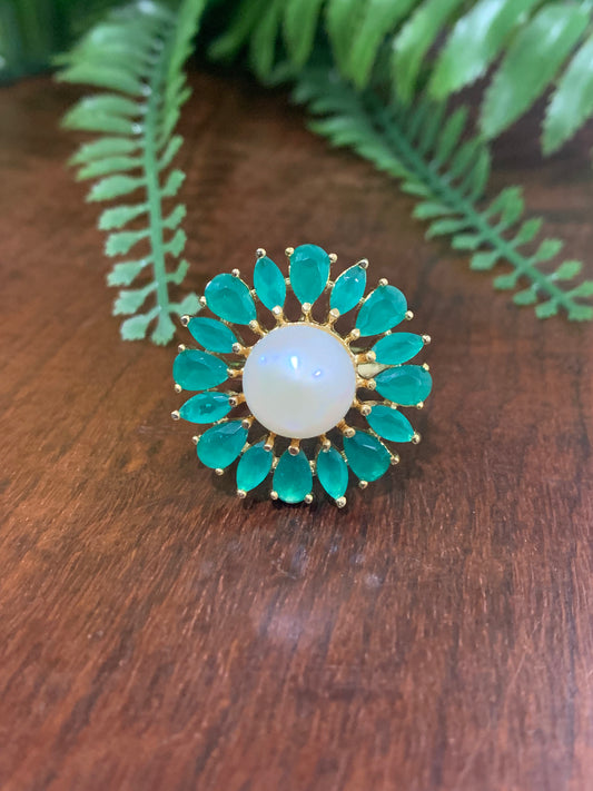 Gold based American diamond statement adjustable ring