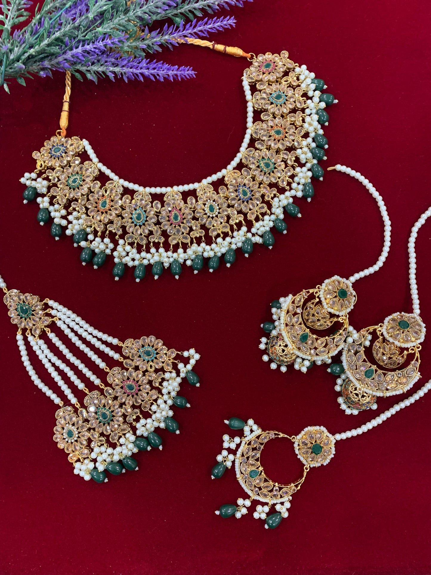 Zircone bridal set in multi details and emerald green drop