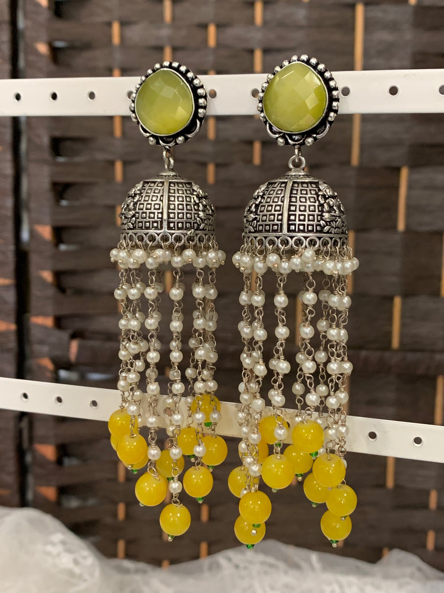 German silver / oxi jhumki with long hanging monalisa bead