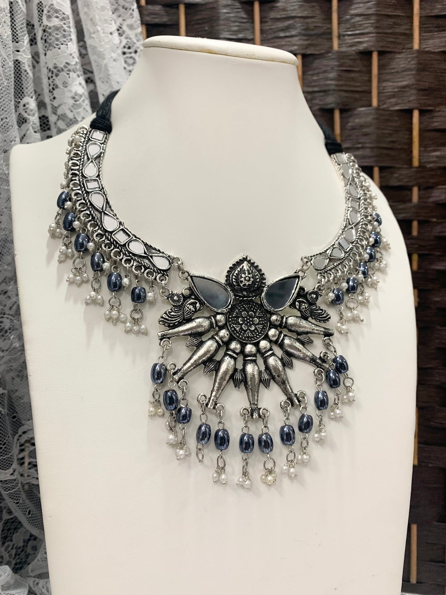 Oxidized/BlackMetal/German Silver necklace / hasli mirror