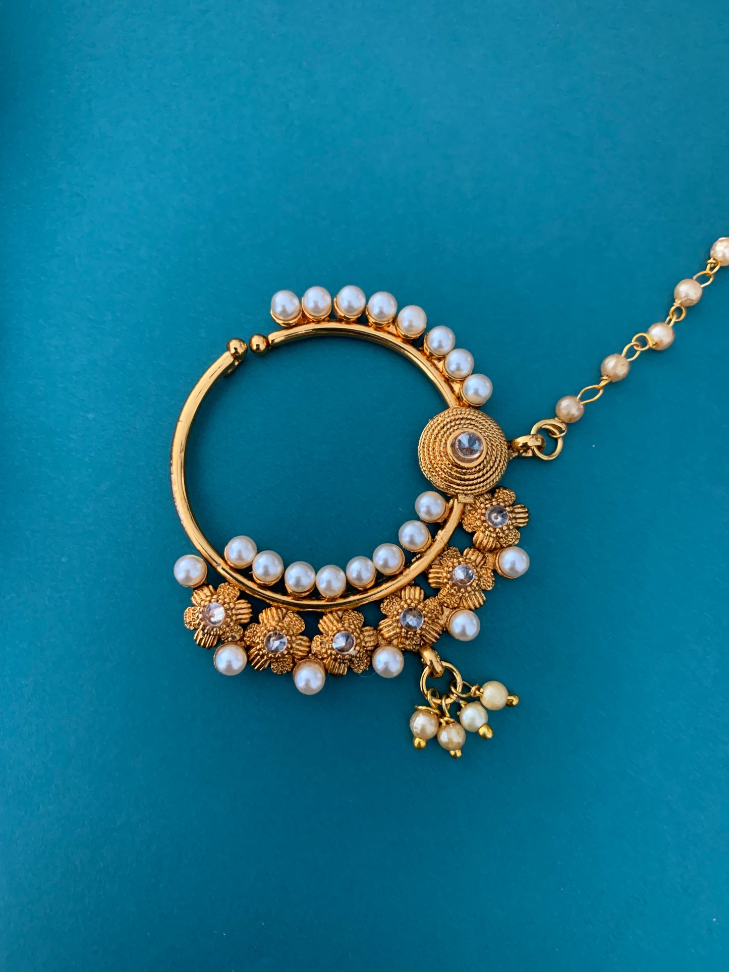 Matte gold Nath/Nose ring with chain