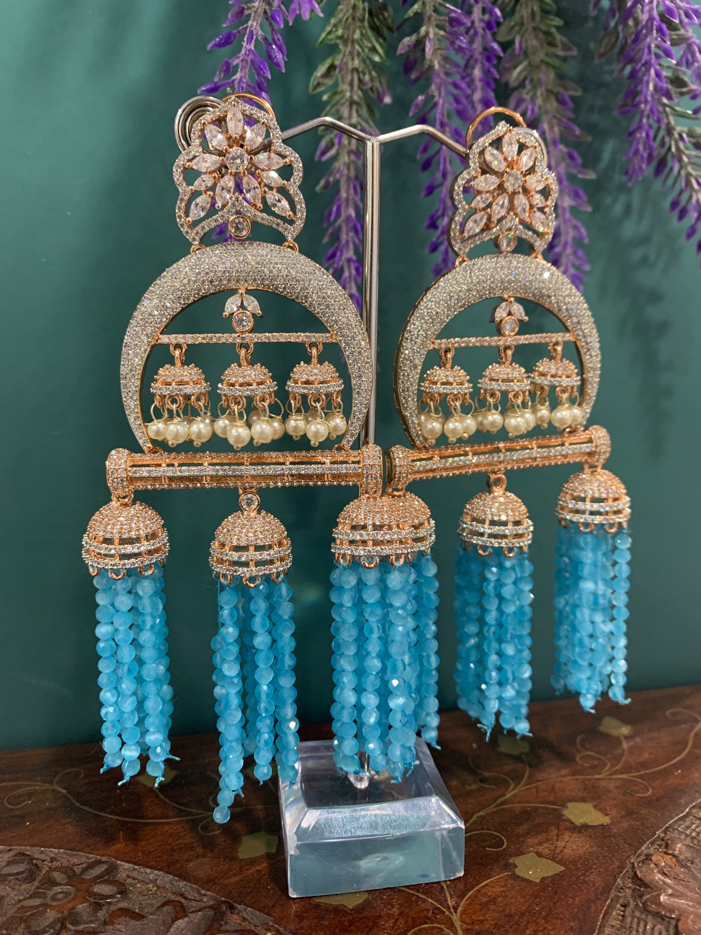 Over size statement jhumka earring rose gold /blue