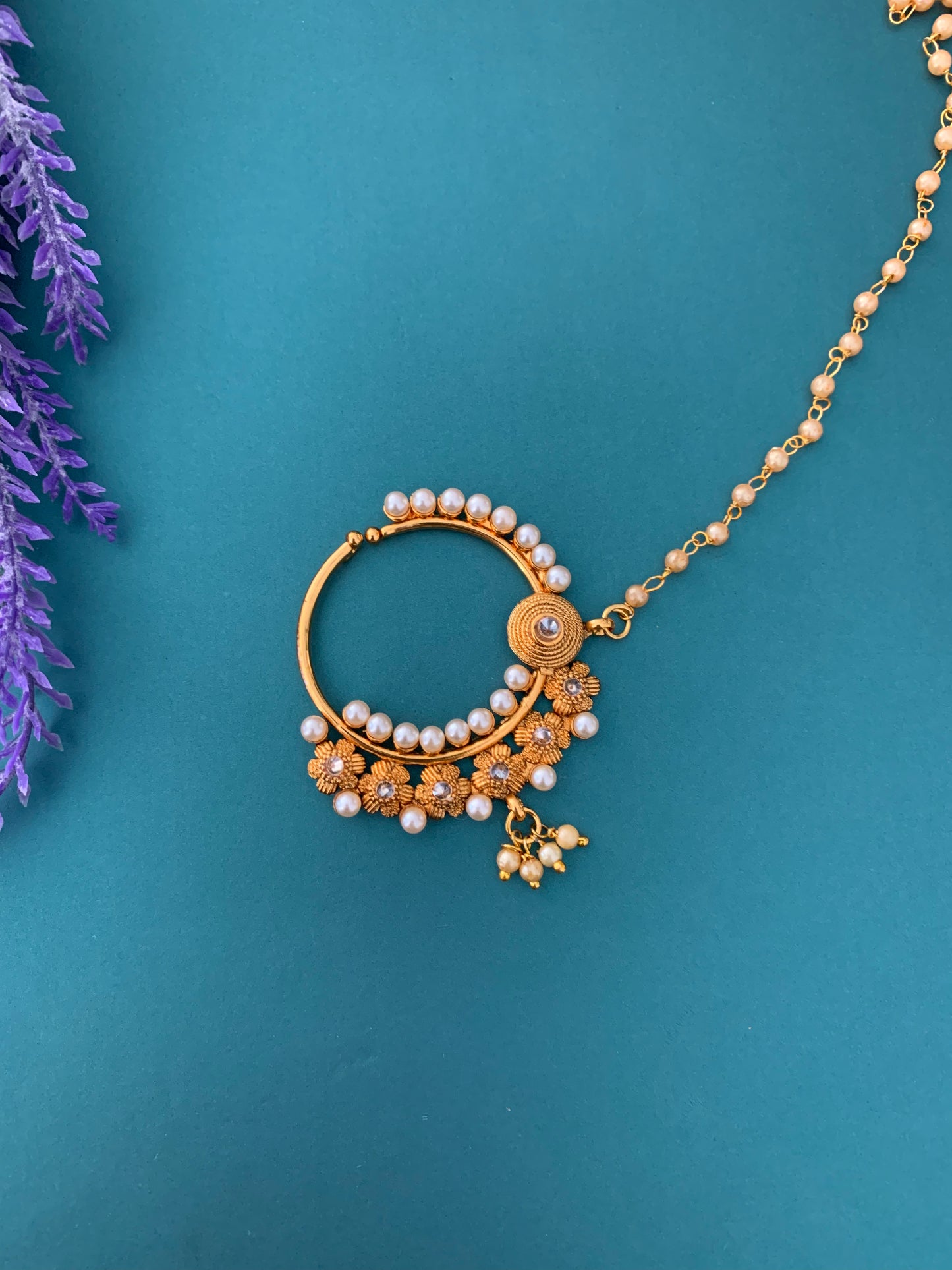 Matte gold Nath/Nose ring with chain
