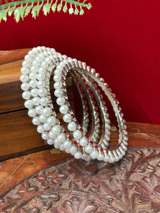 Silver white Pearl bangle set of 4