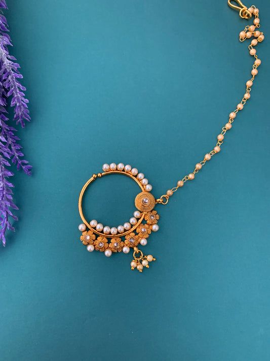 Matte gold Nath/Nose ring with chain