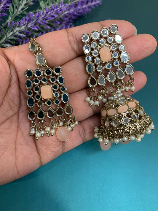 Jhon Mirror choker necklace with jhumki Peach