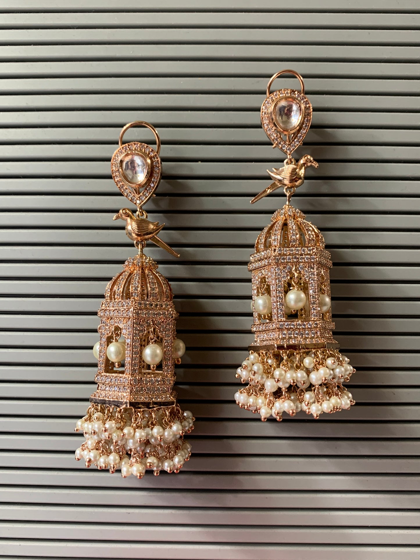 Oversize rose gold American diamond birdcage earring with kundan details