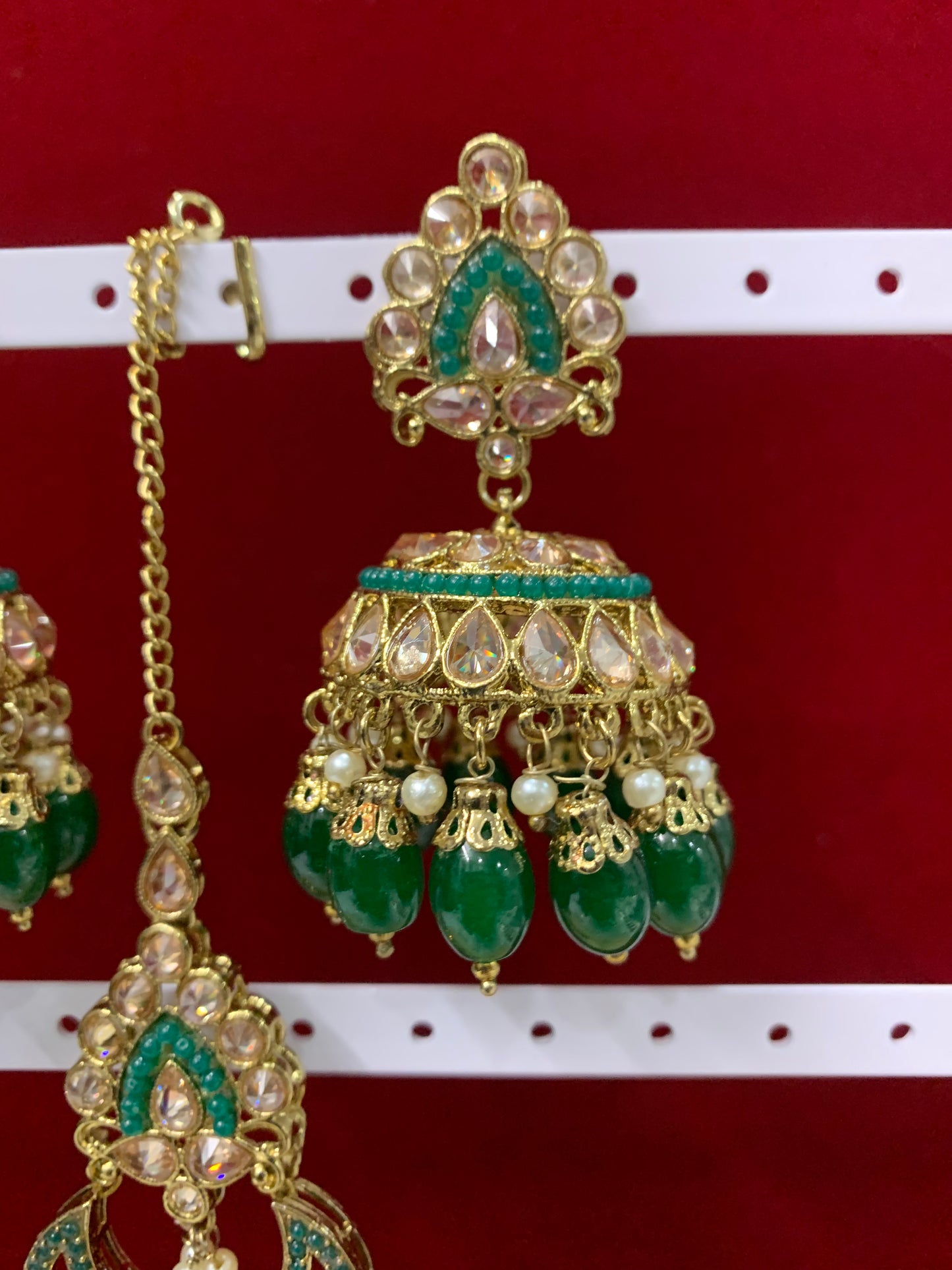 Polki jhumki tikka Emerald green