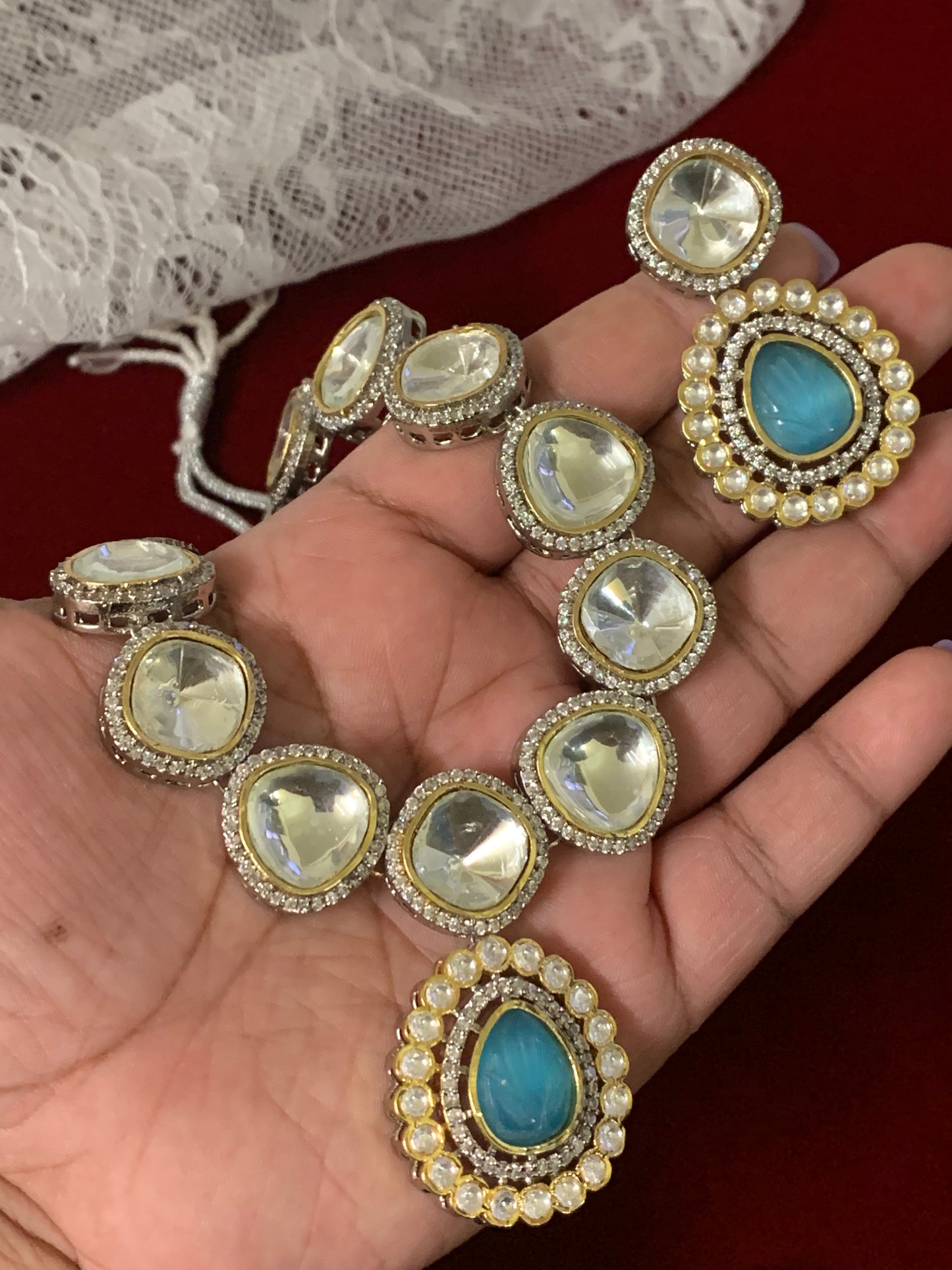 Nora uncut kundan pendent necklace baby blue