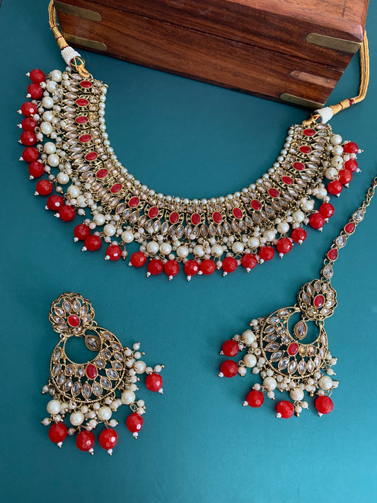 Khusboo polki necklace in tomato red