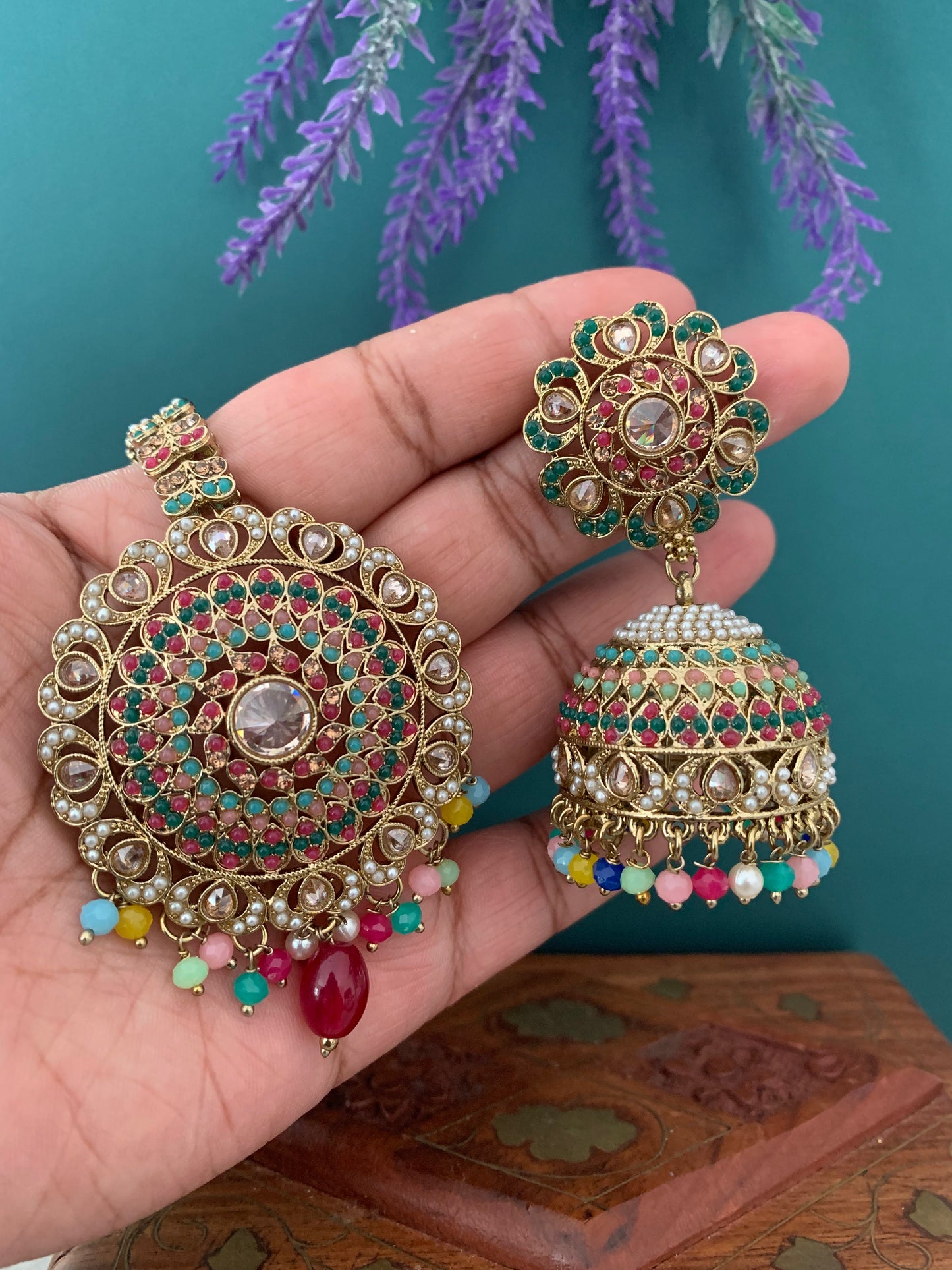 Priya jhumki earring and tikka multi