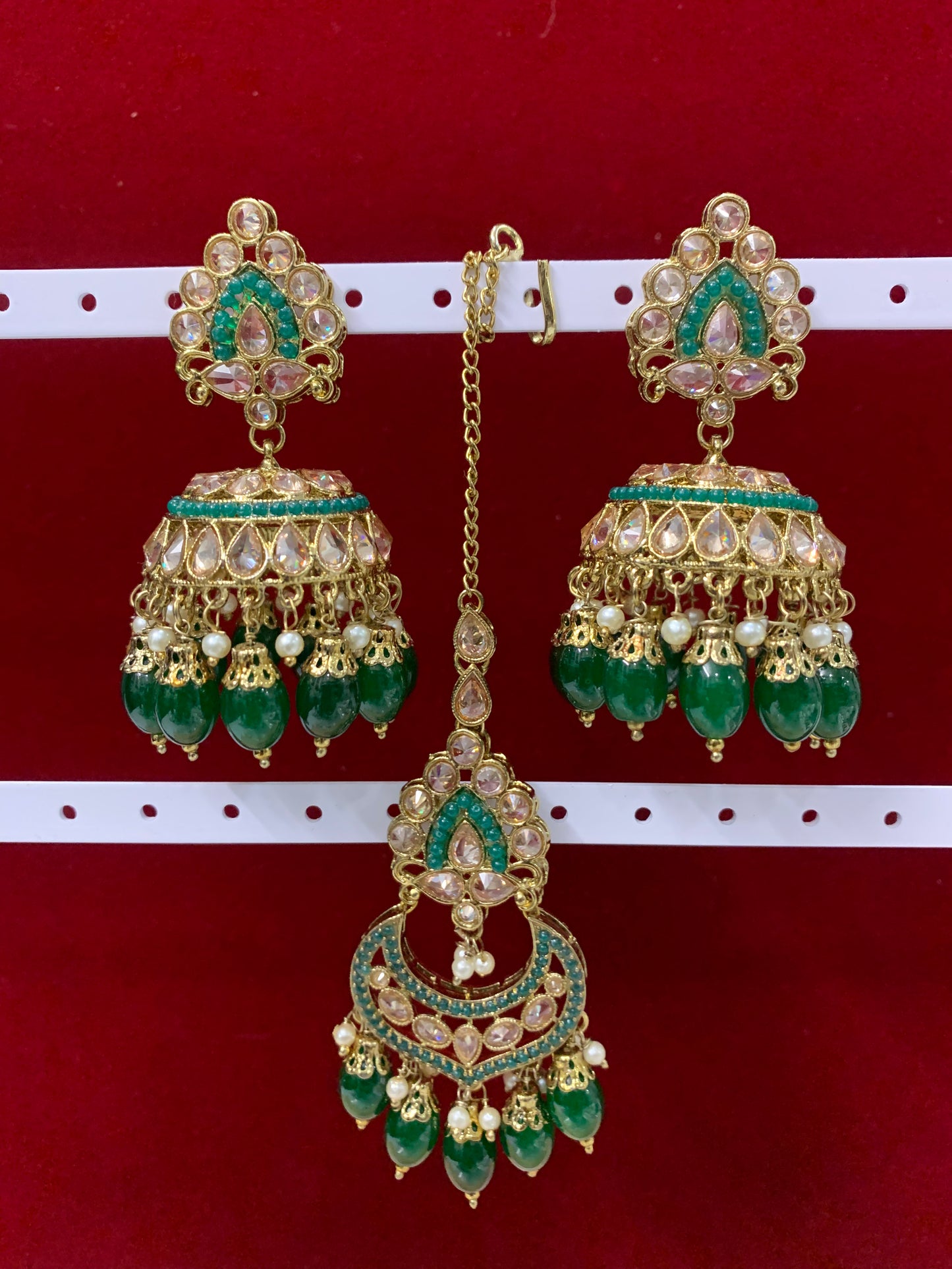 Polki jhumki tikka Emerald green