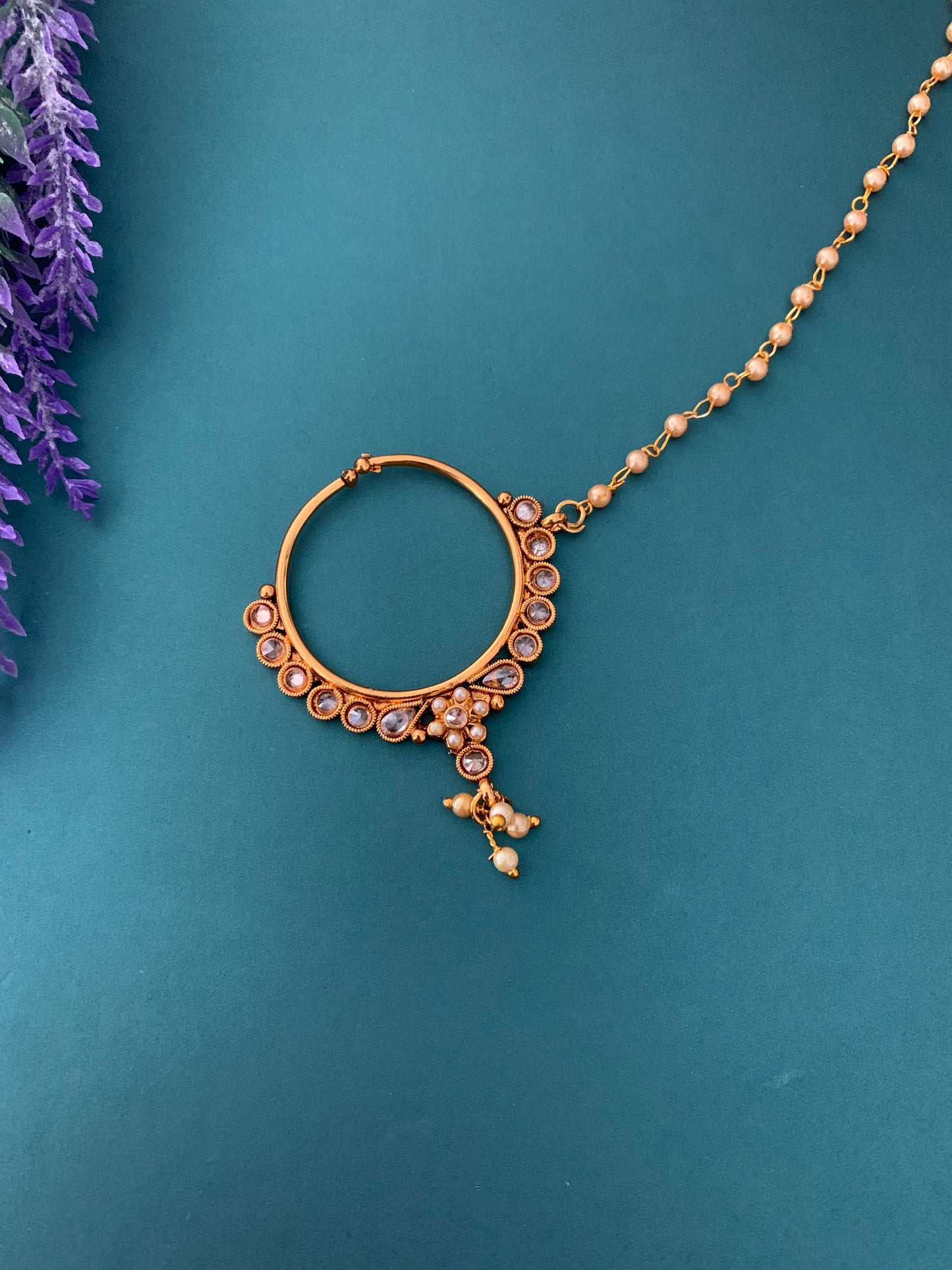 Matte gold Nath/Nose ring with chain