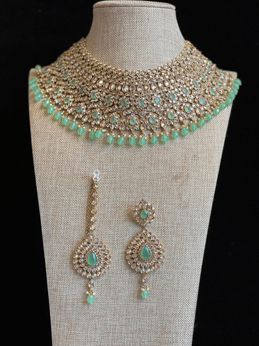 Semi bridal green polki set in mint green