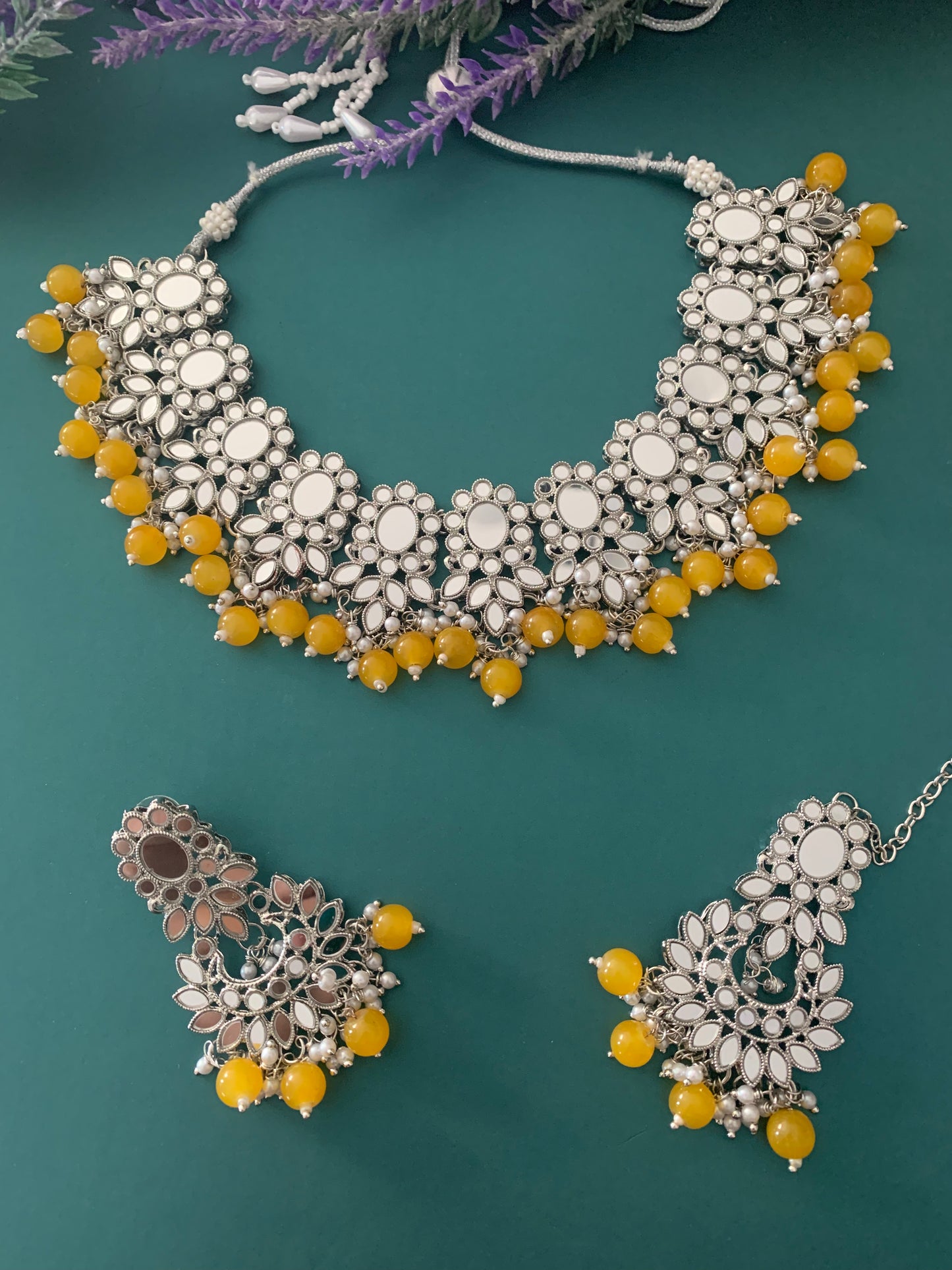 Sunaina silver mirror choker / necklace in pastel yellow
