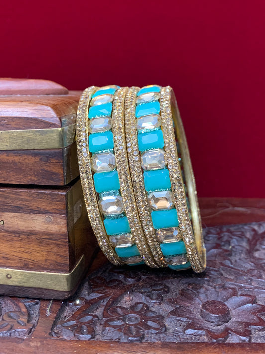 Phirozi blue Rhinestone bangle with monalisa stone and crystal work