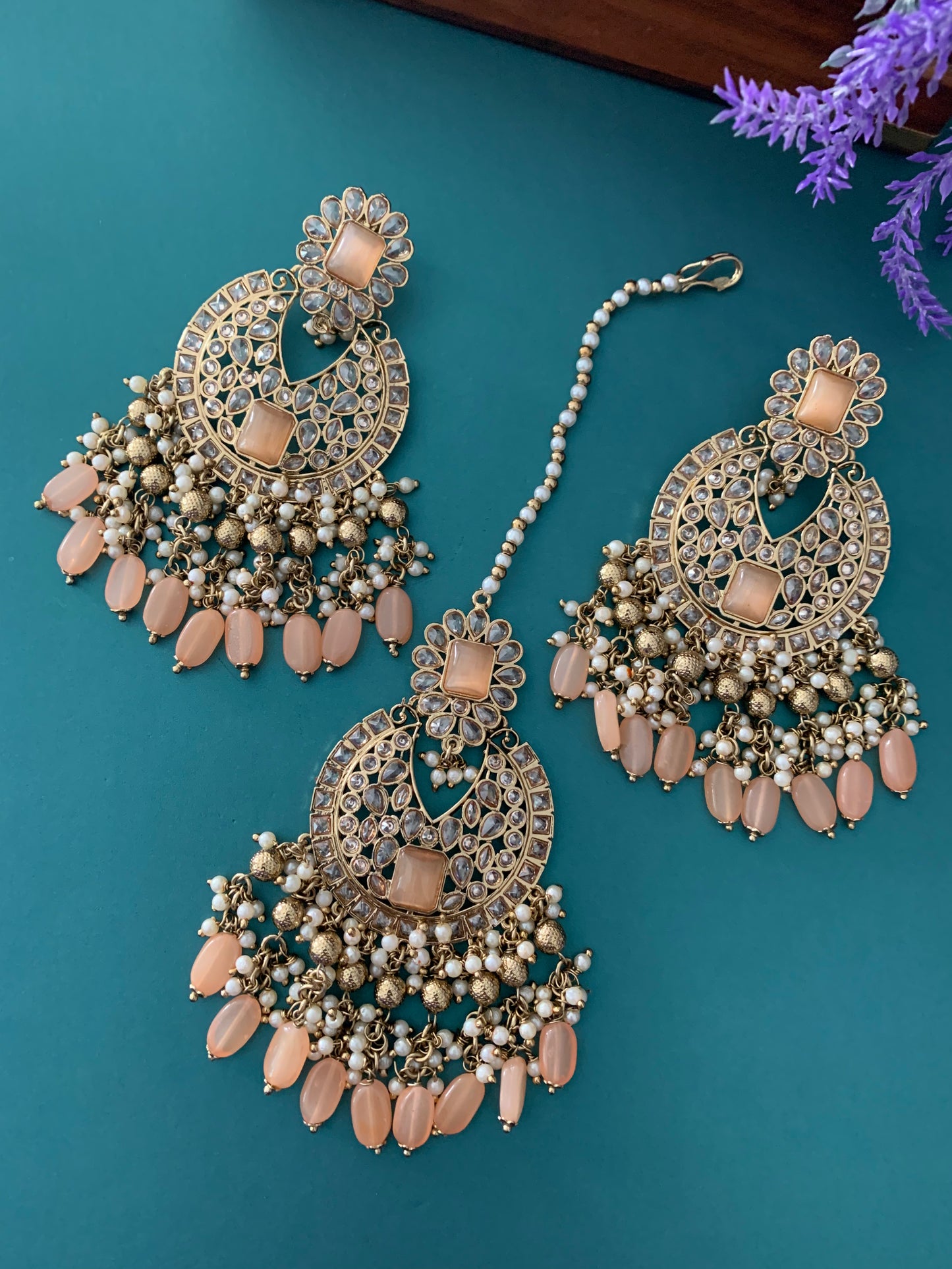 Heidi polki earring tikka peach