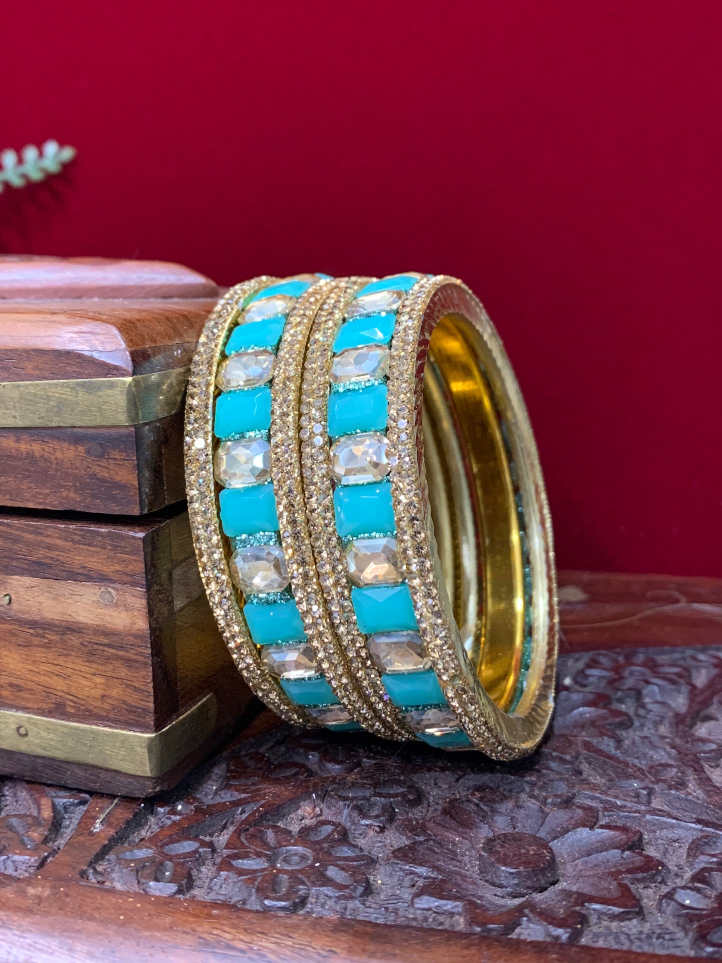 Phirozi blue Rhinestone bangle with monalisa stone and crystal work