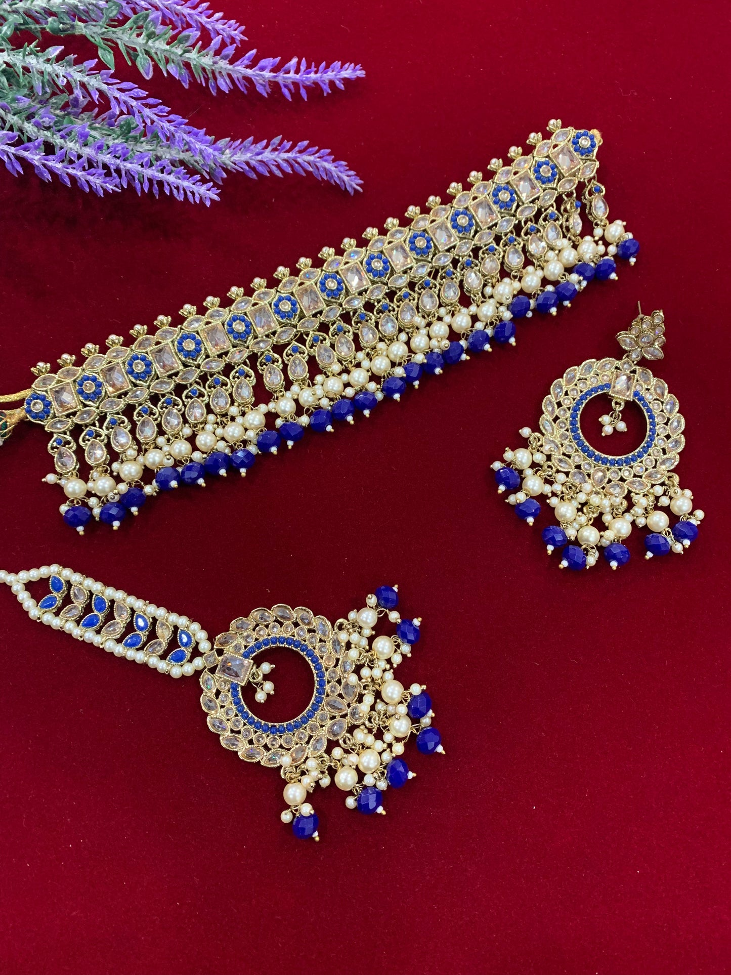 Reverse Polki choker necklace Lana in Royal blue