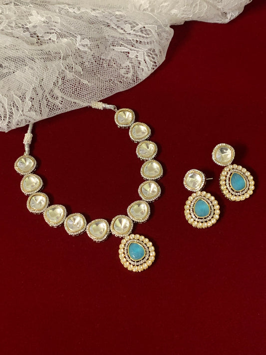 Nora uncut kundan pendent necklace baby blue